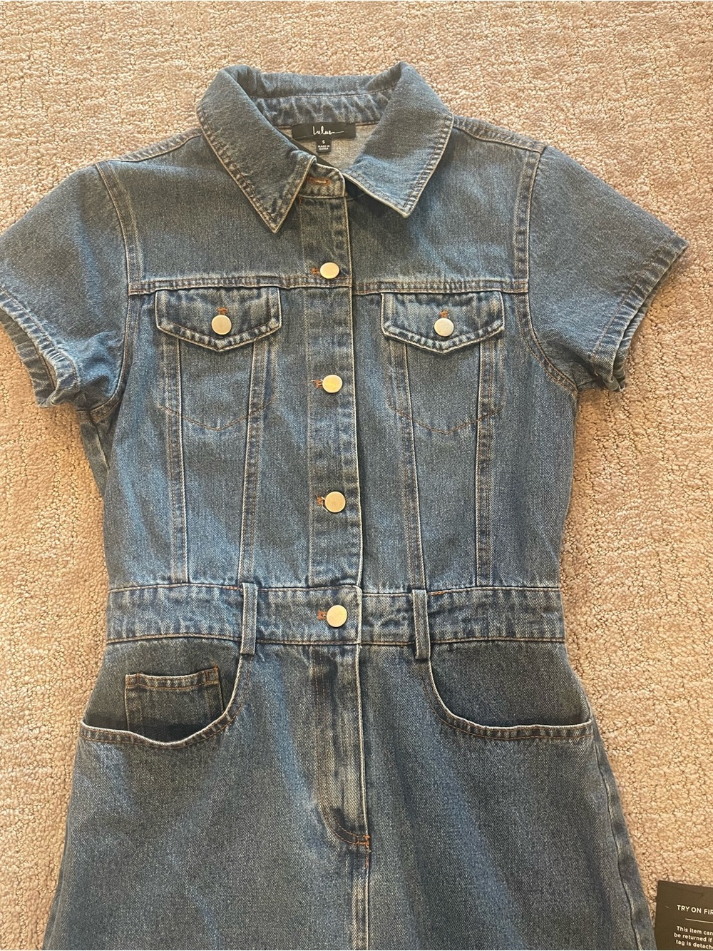 NWT Lulus Medium Wash Denim Mini Dress, Button Front, Short Sleeves, Size Small - Picture 11 of 16